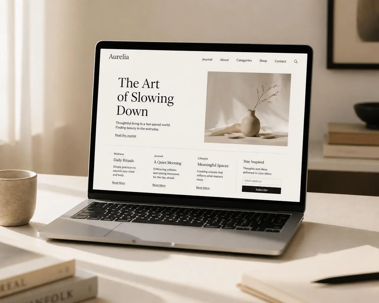 Laptop on a warm paper-toned desk displaying a minimal editorial website